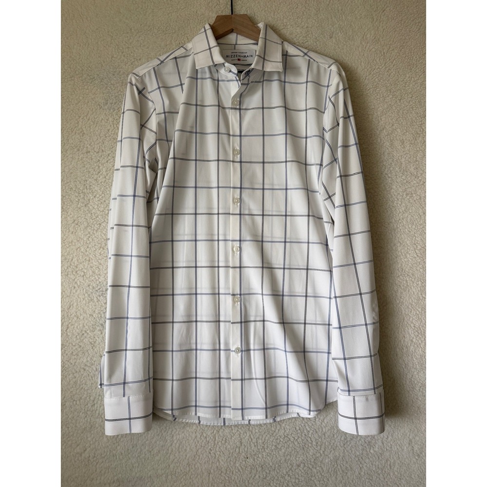Mizzen+Main Leeward Dress Shirt Mens Large White Plaid Trim Fit Stretch USA LS